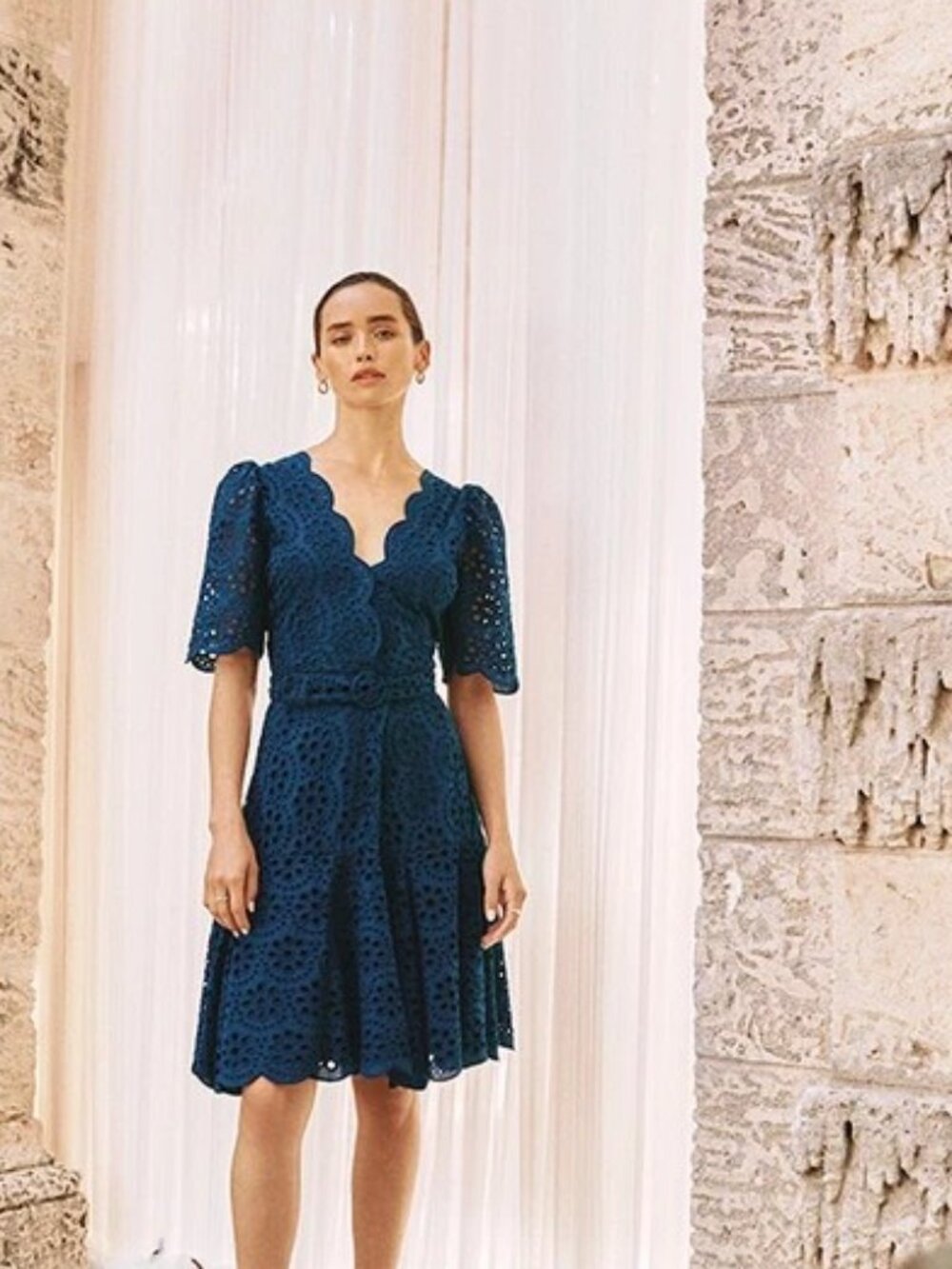 NWT Cartolina Nantucket Navy Blue Cotton Eyelet Scalloped Trim Mini Dress. Sz. S
